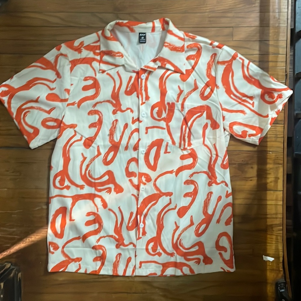 Romwe white and orange artistic splashes, short sleeved button-up shirt, size M